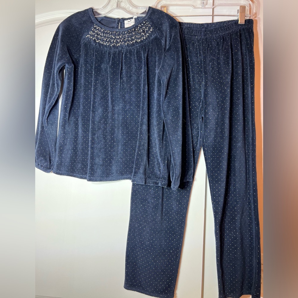 Cyrillus Paris Navy 2 piece velour pajama set with gold accent Sz 10